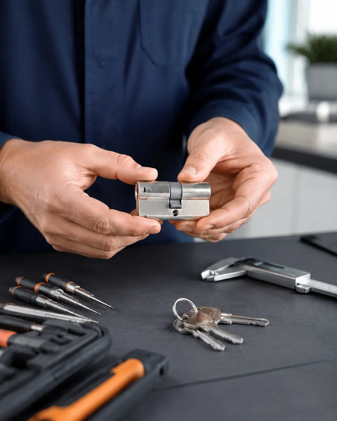 Mains d’un serrurier présentant un cylindre et ses outils professionnels